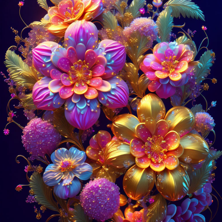 Colorful Neon Flowers on Dark Blue Background