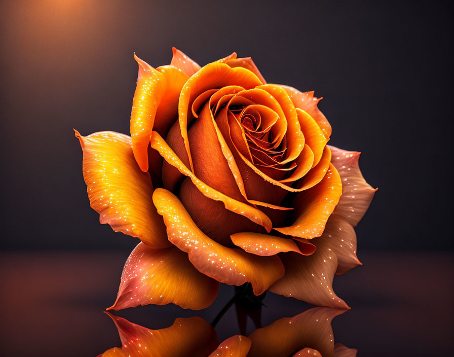 Orange Rose with Water Droplets on Petals Against Dark Background