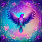 Colorful Mythical Bird Illustration with Spread Wings in Fantastical Floral Background