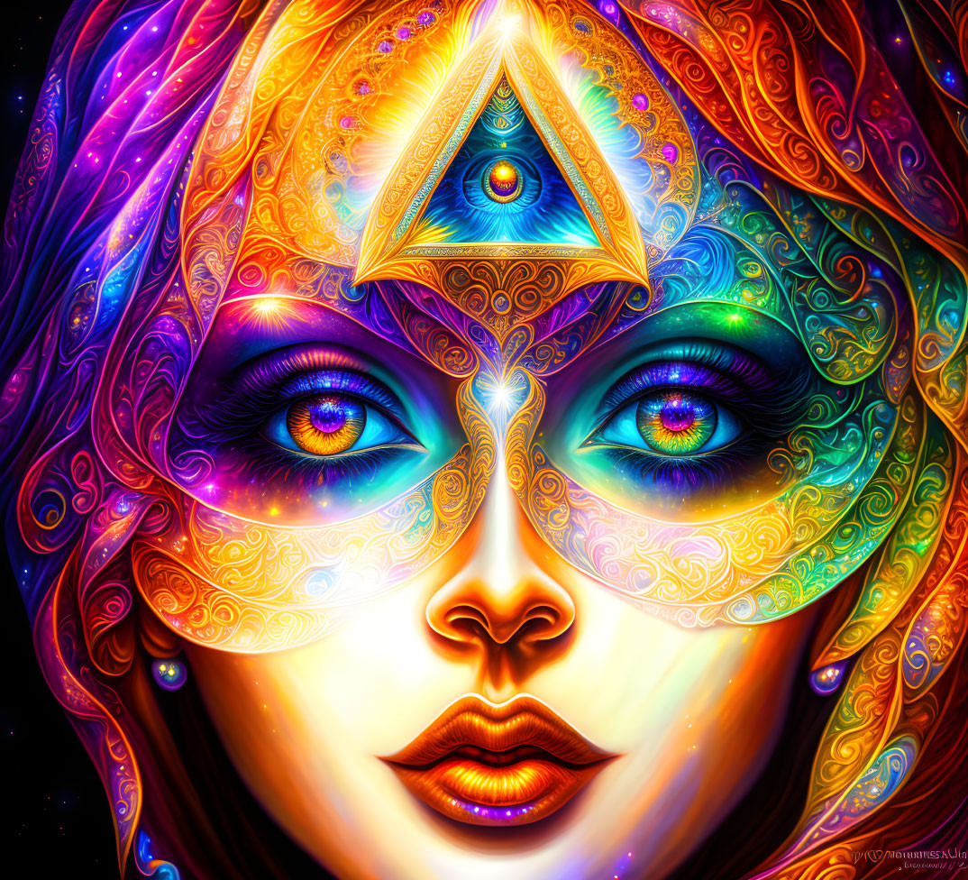 Colorful digital artwork featuring mystical woman with intricate patterns and three eyes