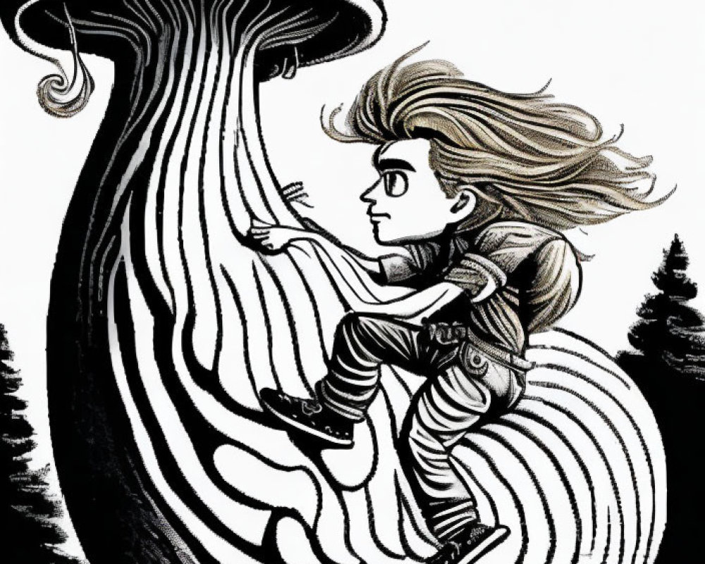 Monochrome illustration of person with flowing hair climbing giant mushroom