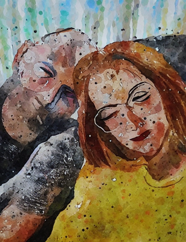 Intimate man and woman in peaceful watercolor scene