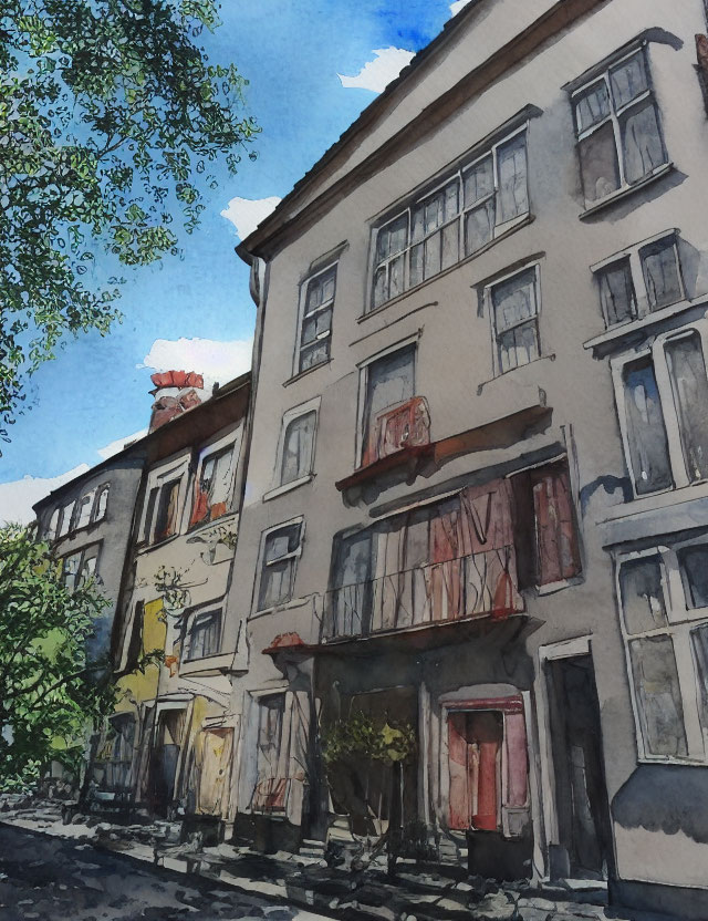 Charming street watercolor painting with multistory buildings and green trees