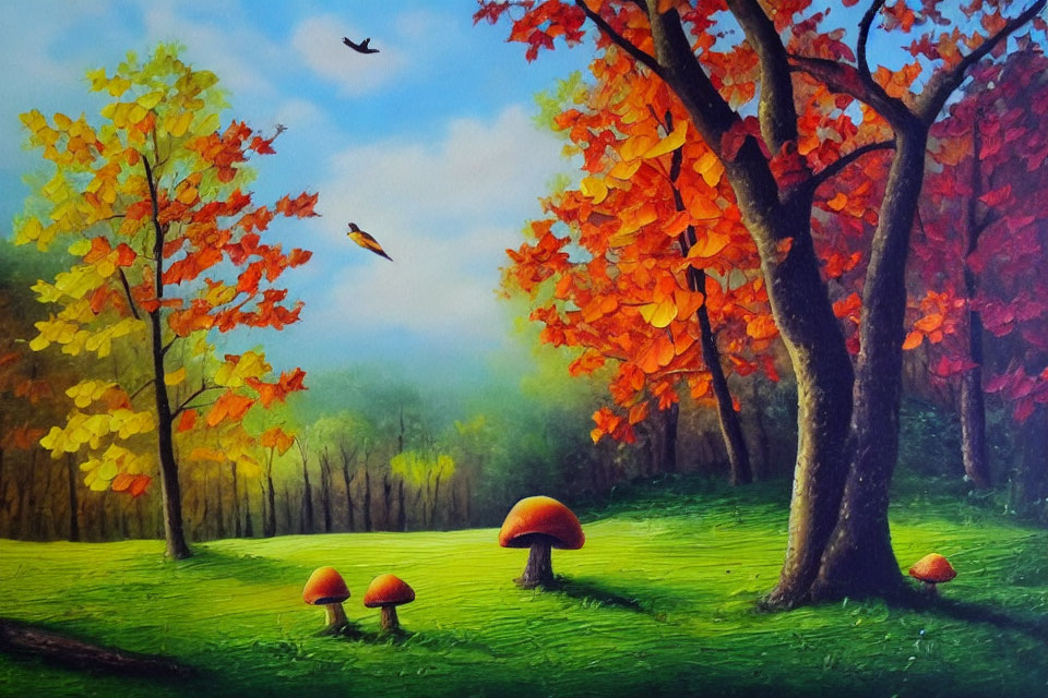 Colorful autumn landscape with mushrooms, birds, and misty background