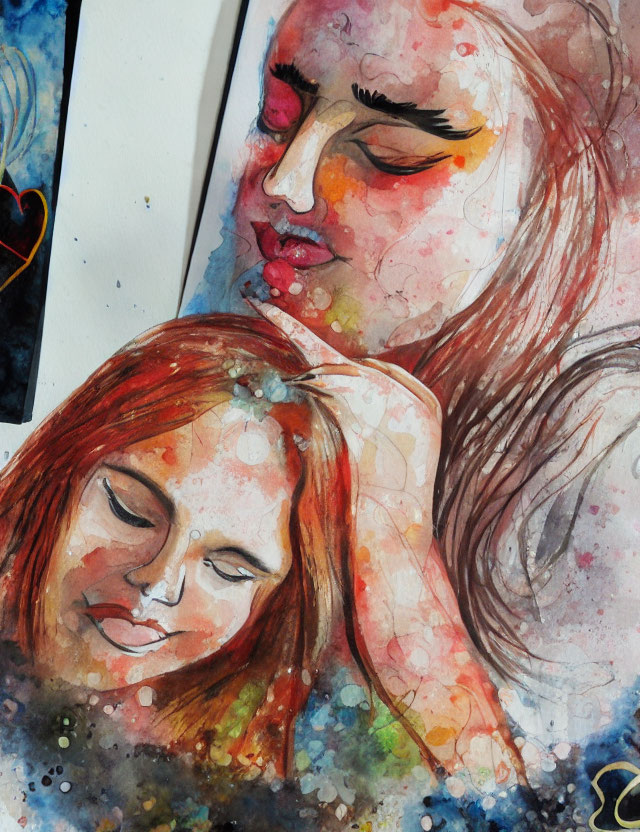 Vibrant watercolor painting of two women with closed eyes