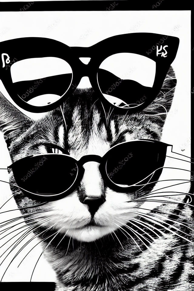 Tabby Cat in Stylish Glasses: Black and White Illustration