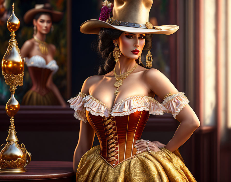 Golden corset dress and wide-brimmed hat on elegant woman in luxurious room.