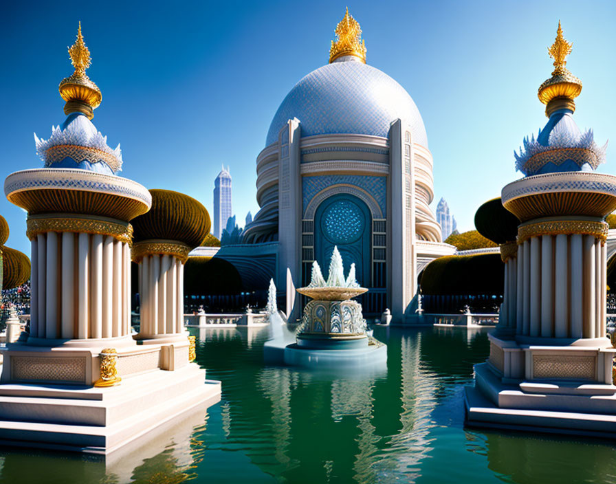 Fantasy-style palace with golden spires and domes by water