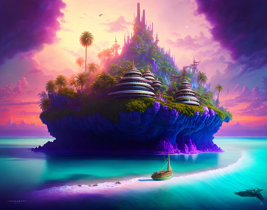 Fantastical floating island with futuristic buildings and lush greenery