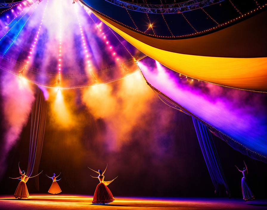 Colorful circus performers under big top tent with spotlight beams and purple haze