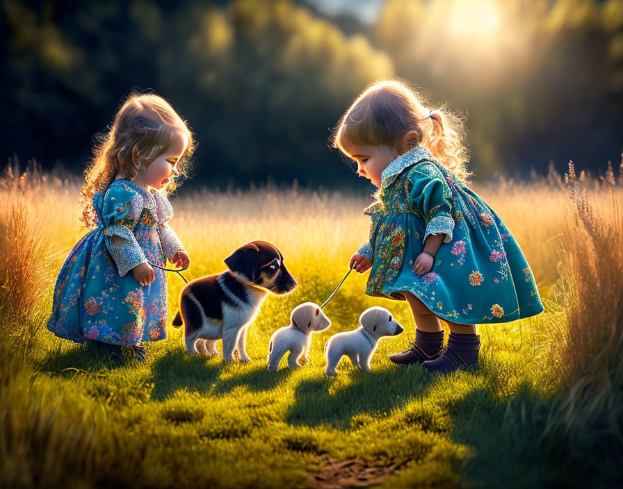 Young girls in floral dresses playing with puppies in sunlit field