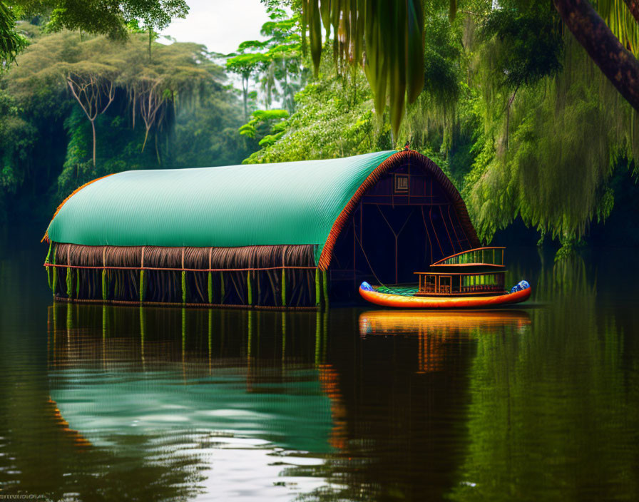 Green-roofed floating house with wooden deck on calm waters amid lush greenery