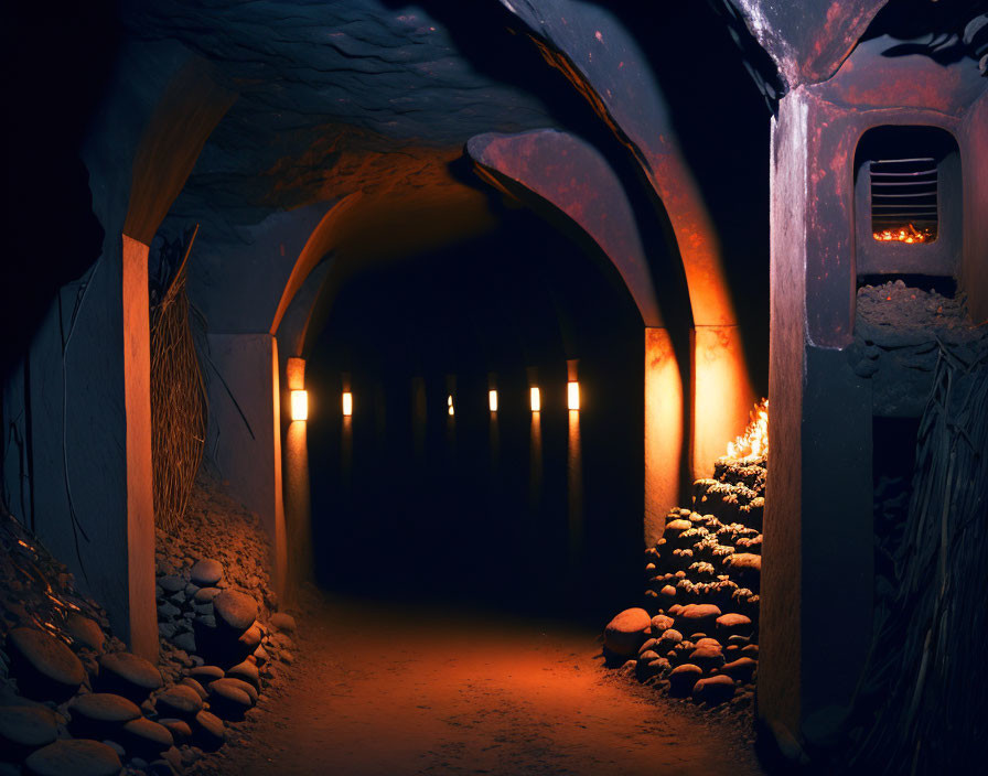 Underground tunnel with warm lighting and stonework