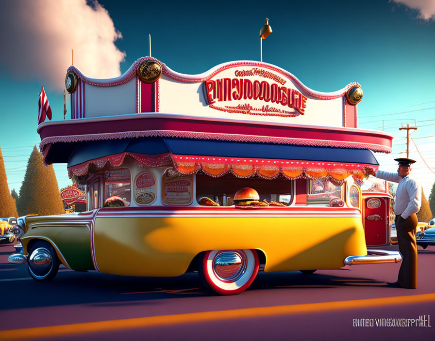 Vintage car-themed American diner with chef under clear sky