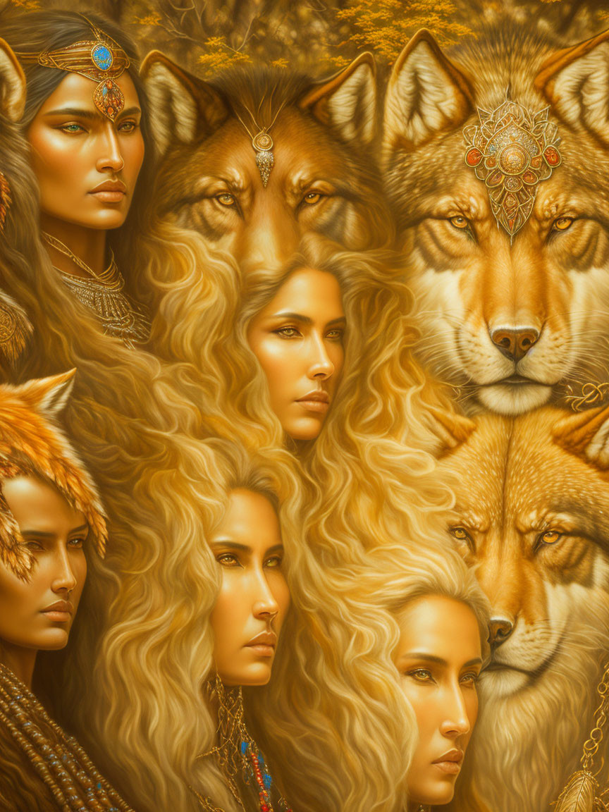 Human-Wolf Fusion Artwork with Intricate Jewelry on Golden Background