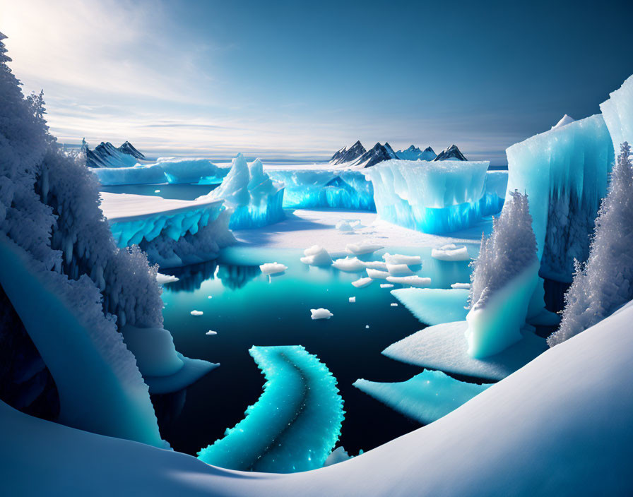 Tranquil Arctic landscape with glowing blue icebergs and snow-covered peaks