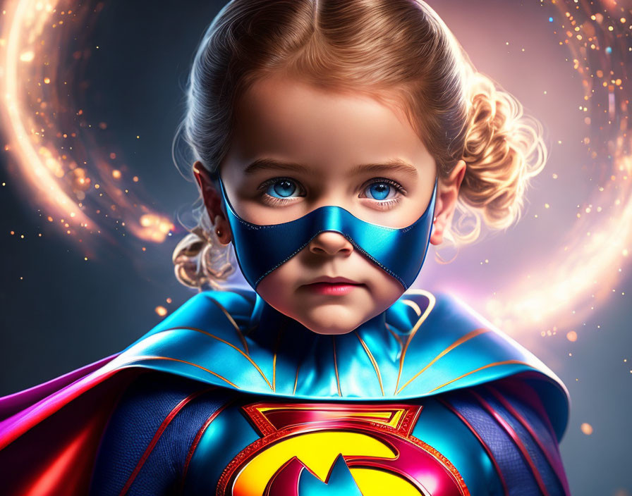 Young girl in superhero costume with cape and mask on mystical background