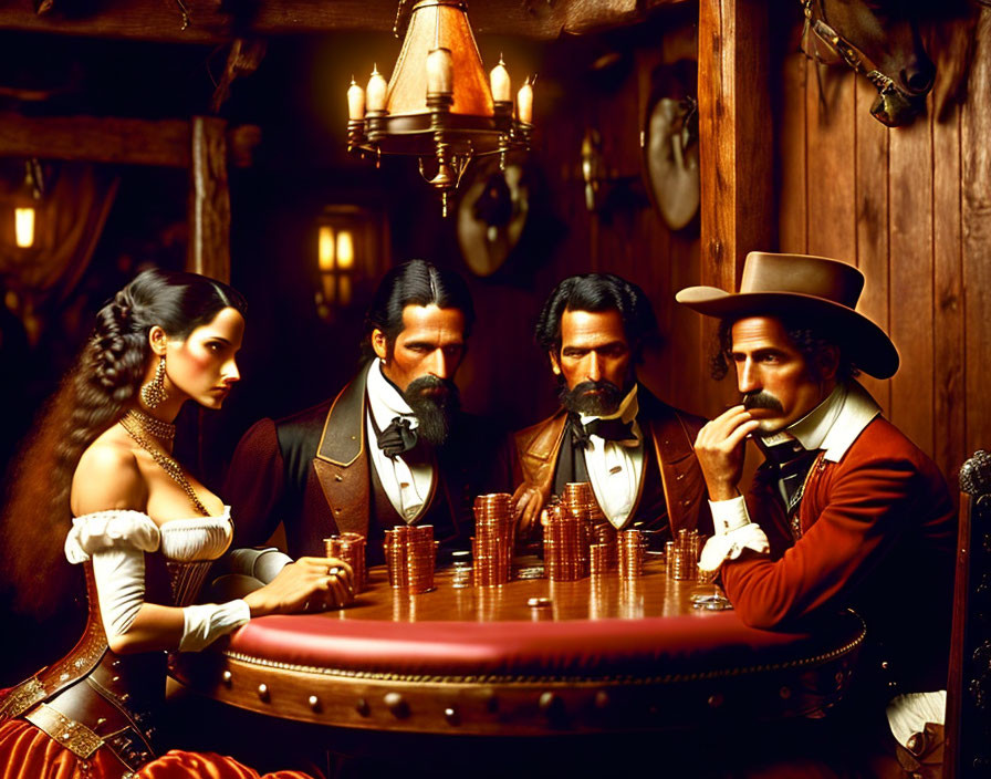 Vintage Saloon Poker Table Scene with Four People in Period Costumes