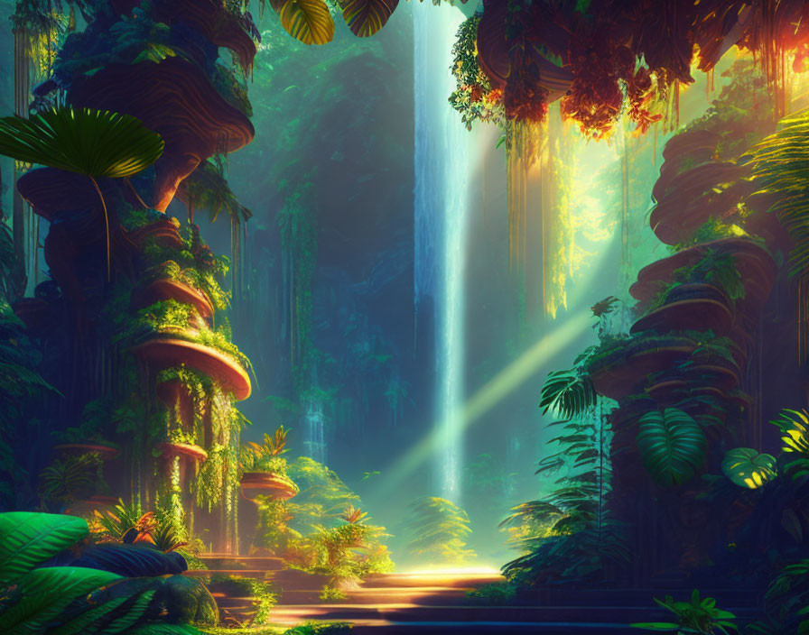 Mystical jungle with lush greenery, towering trees, and cascading waterfall