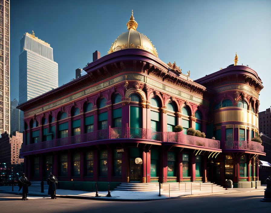 Dome roofed ornate building with rich façade and pedestrians.