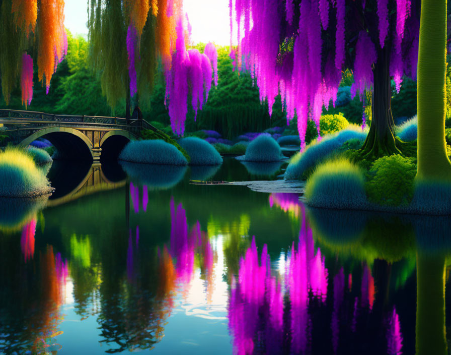 Colorful surreal landscape with calm lake, whimsical foliage, and arched bridge