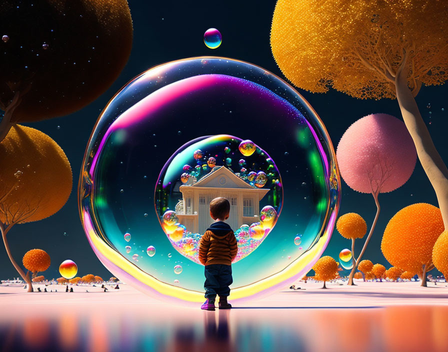 Child admiring colorful bubbles reflecting house and trees in whimsical night landscape