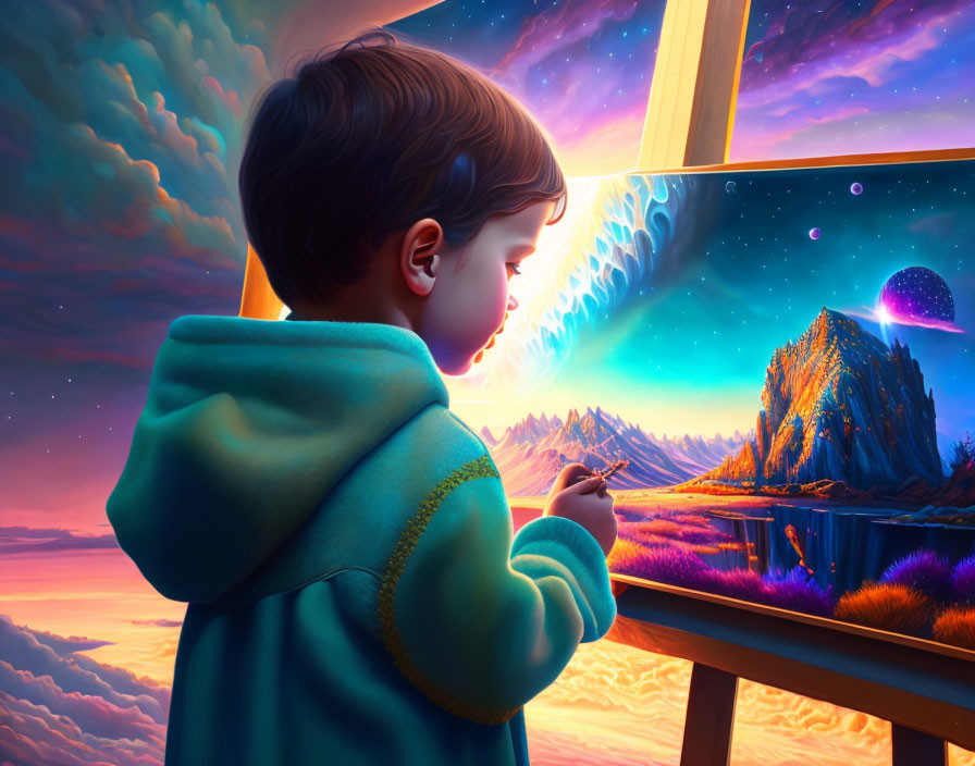 Child in hoodie admires cosmic mountain landscape painting