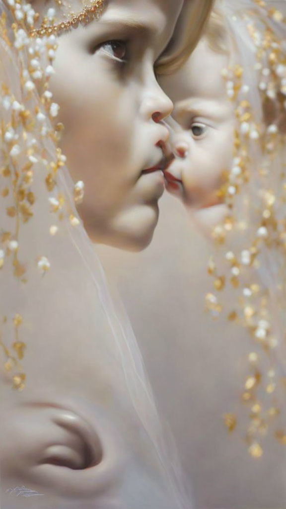 Mother holding baby close with translucent drapery and gold beads