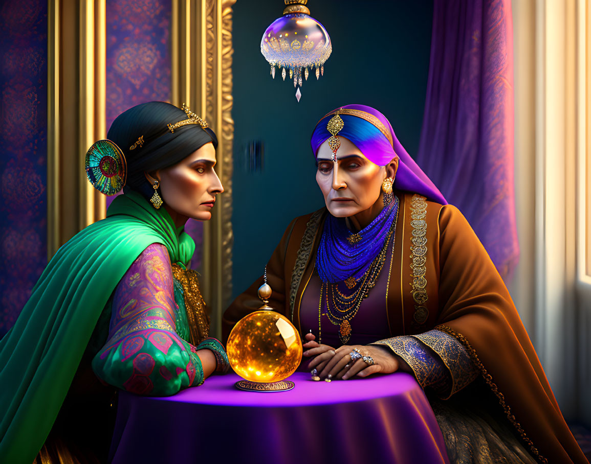 Traditional Indian attire: Two animated women with crystal ball