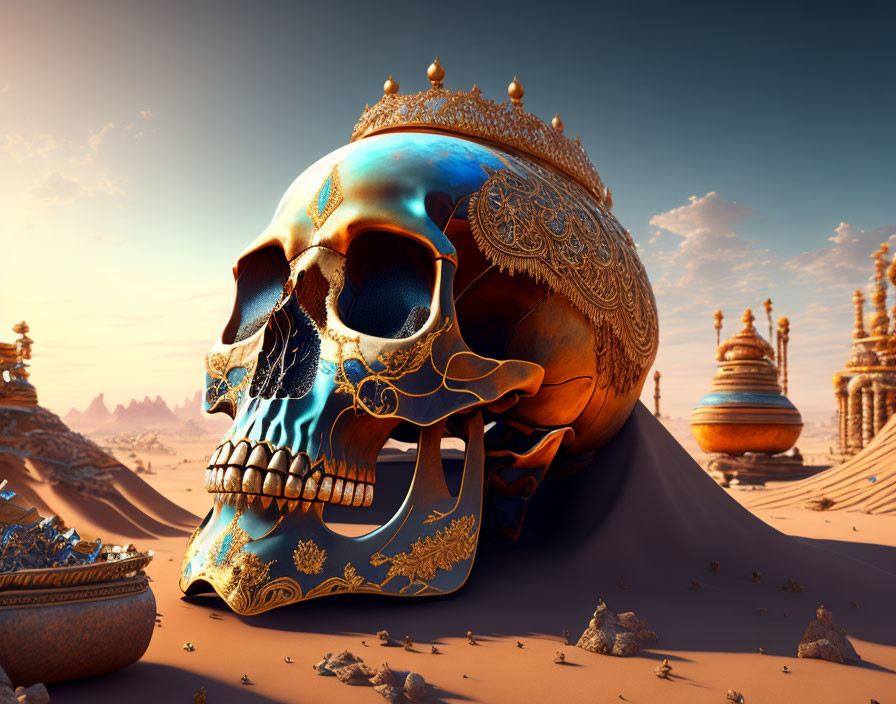 Ornate Gold-Decorated Skull in Desert Setting