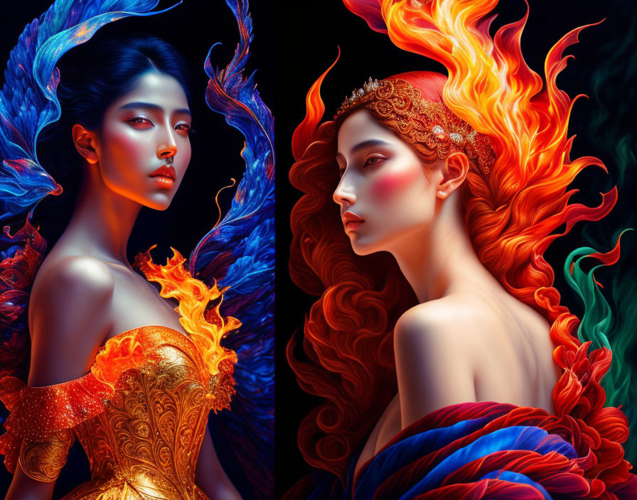 Fiery and Watery Hair Women Artistic Representation