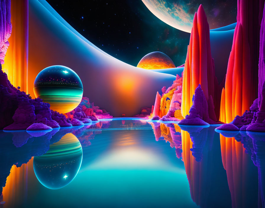 Colorful alien landscape with glowing rock formations, turquoise lake, and ringed planets.