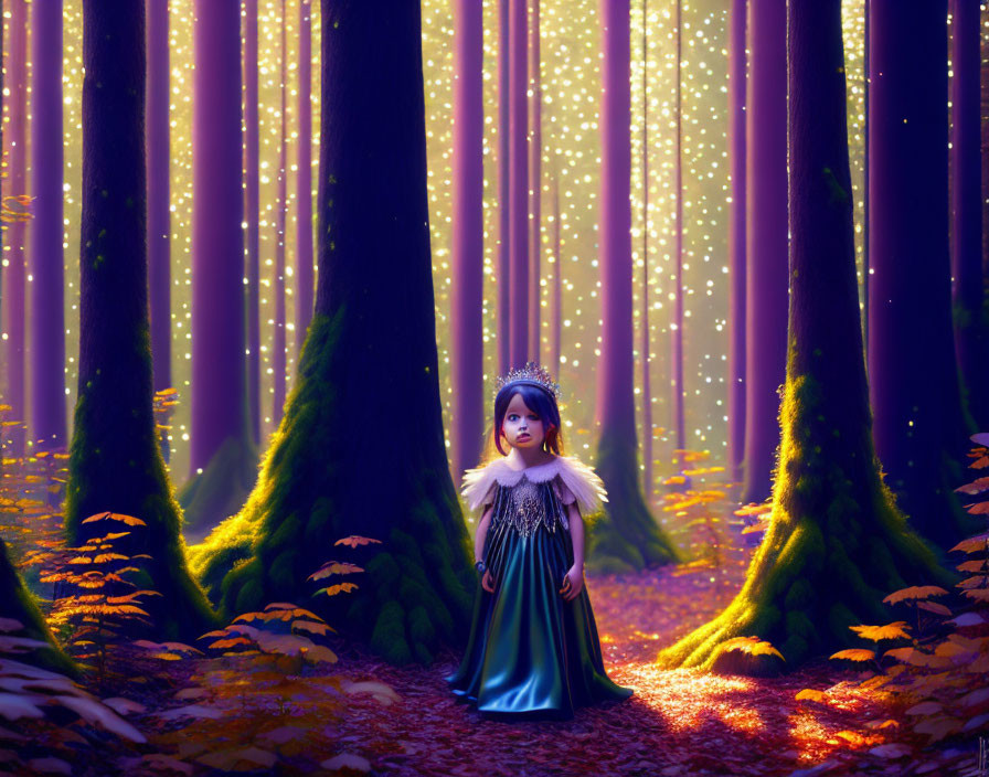 Young princess doll in mystical forest with sparkling lights