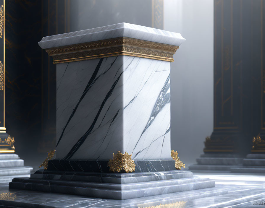 White Marble Pedestal with Gold Accents in Grand Hall with Sunlight Streaming