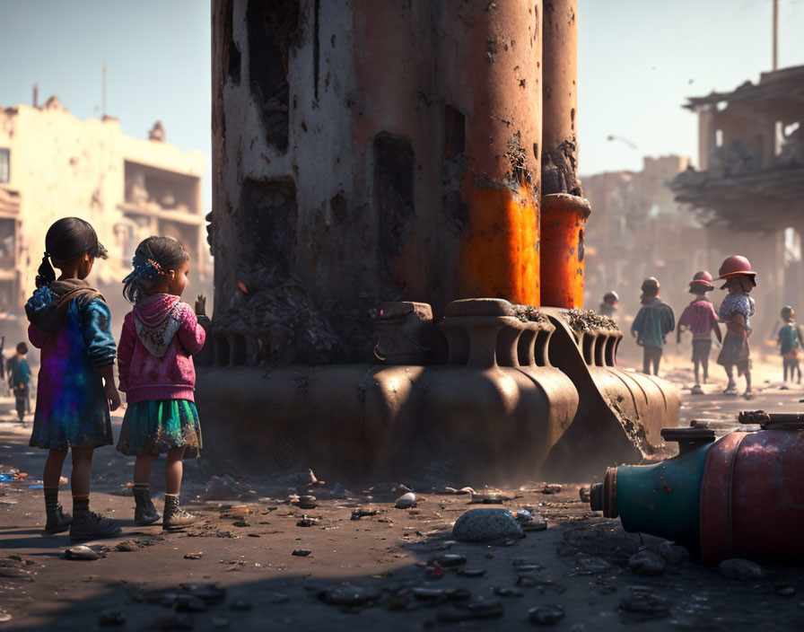 Children near rusted column in ruins under sunlit sky