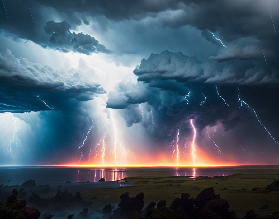 Dramatic thunderstorm with lightning strikes over tranquil landscape