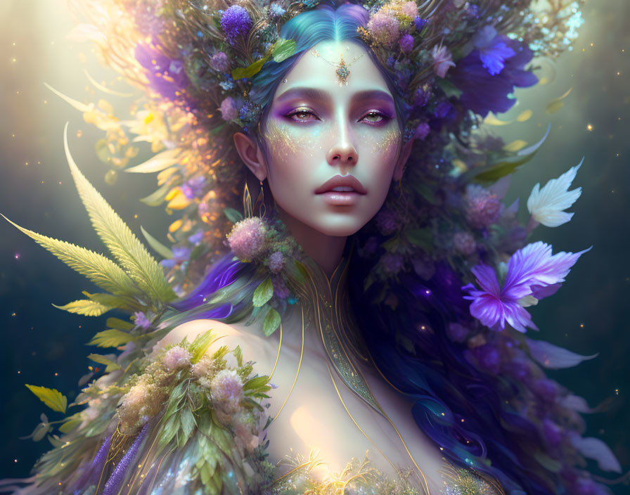 Fantasy portrait of female character with vibrant floral crown and mystical ambiance.