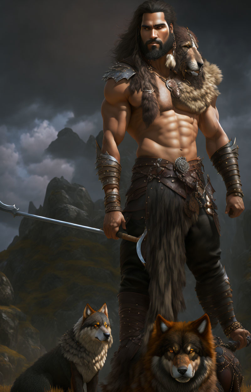 Muscular man in fur and leather with sword beside wolves against mountainous backdrop