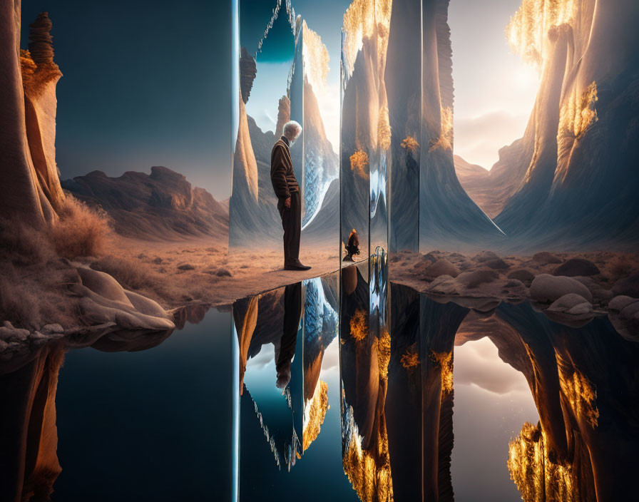 Person gazes at split rock formations in desert landscape