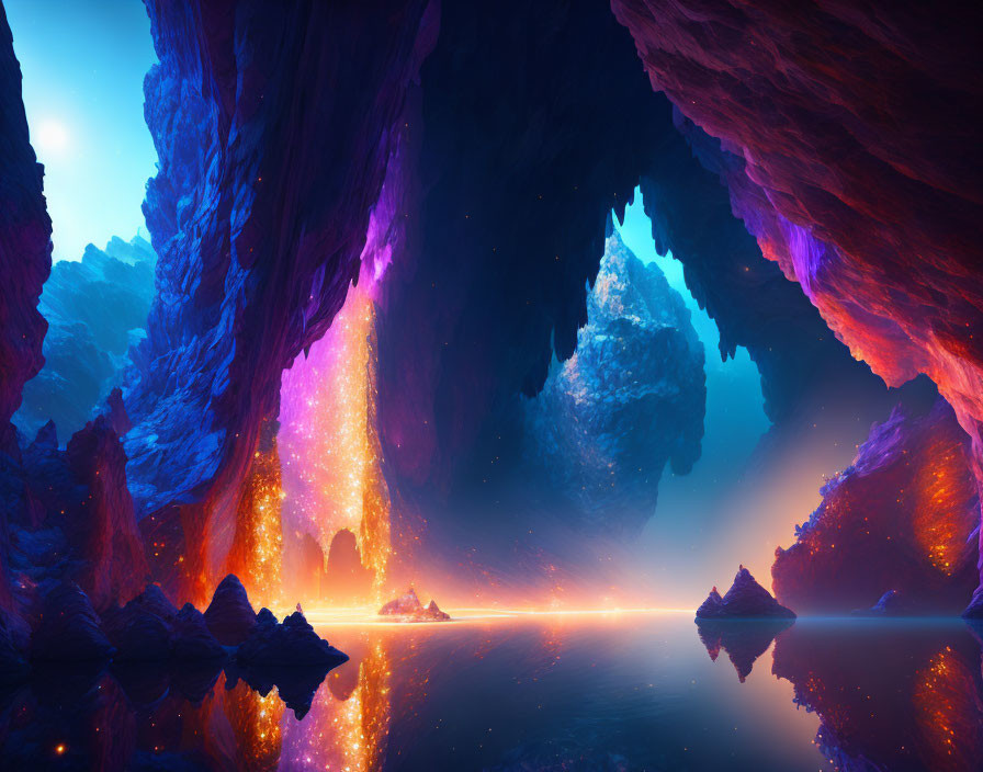 Ethereal glowing crystals in serene cave with blue and orange hues