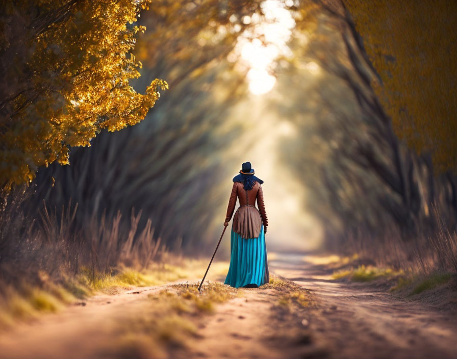 Woman in Blue Dress and Hat Standing under Golden Autumn Leaves