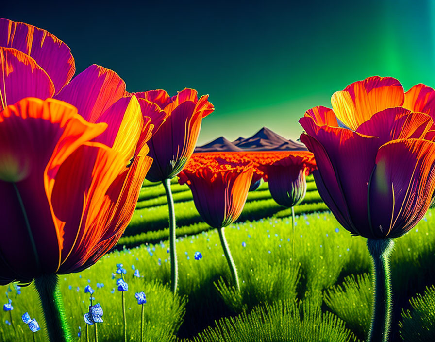 Colorful tulips in foreground with green field, blue flowers, and distant mountains under bright sky.