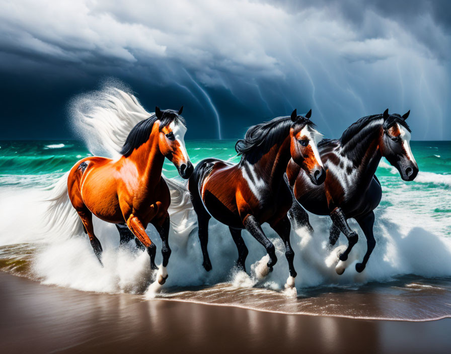 Majestic horses galloping on beach with storm clouds and ocean waves