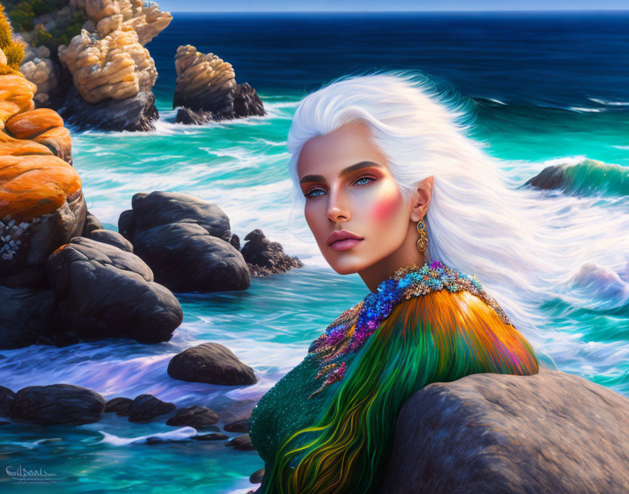 Digital Art Portrait: Woman with White Hair and Vibrant Makeup in Colorful Outfit by the Sea