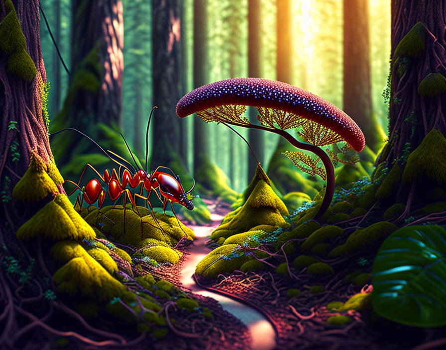 Colorful forest scene with large red ant under oversized mushroom