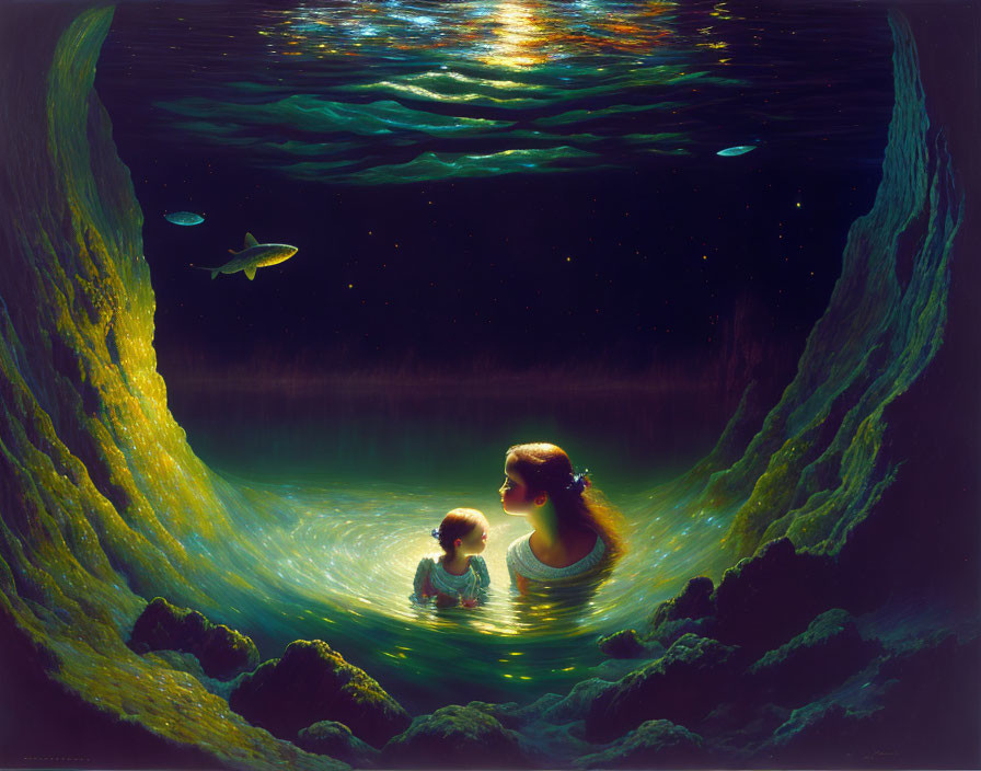 Underwater fantasy scene: Mother and child with glowing fish in starlit sky