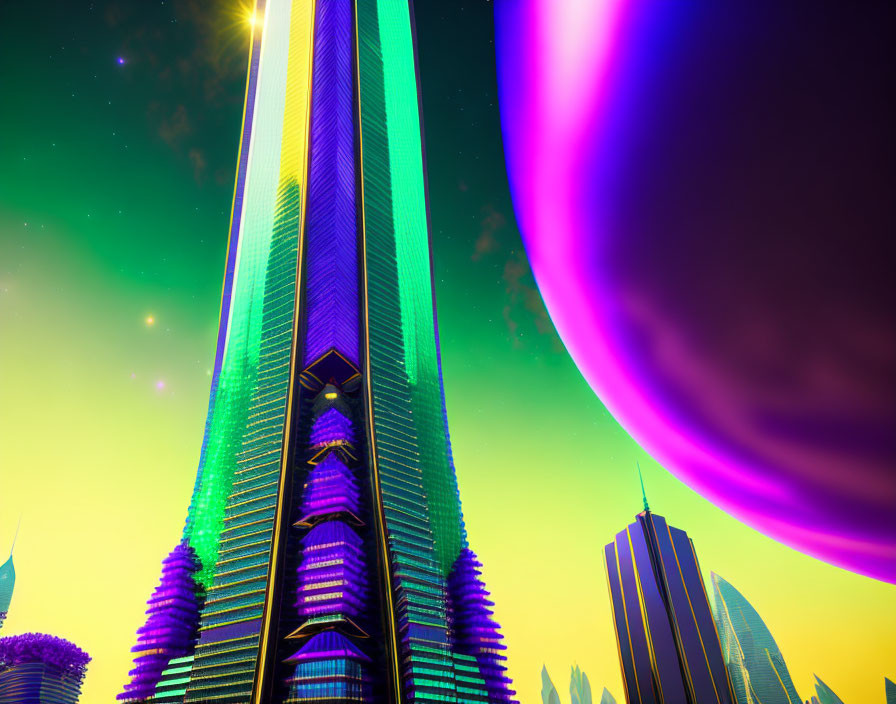 Futuristic sci-fi cityscape with neon-lit skyscrapers and alien sky