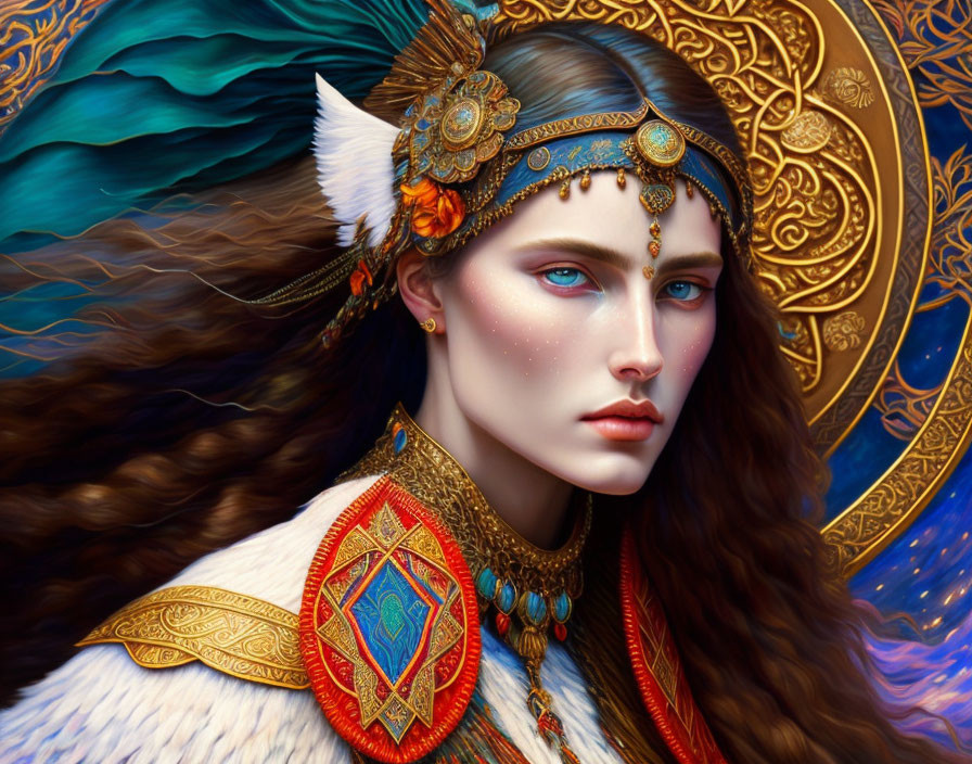 Fantasy portrait of woman with tribal jewelry and feathered headdress