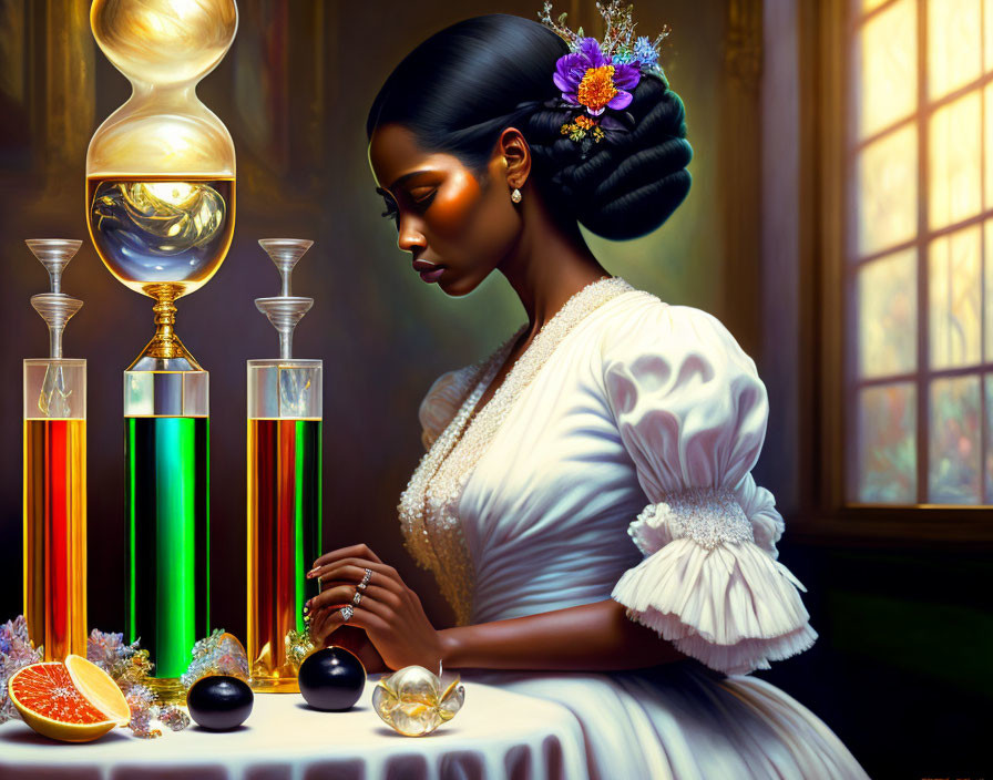 Vintage-dressed woman with vials, orange, and globe at table in warm light