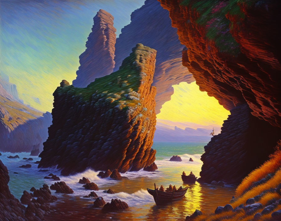 Coastal Sunset Painting with Rock Formations, Cave, Boat, and Sunlight